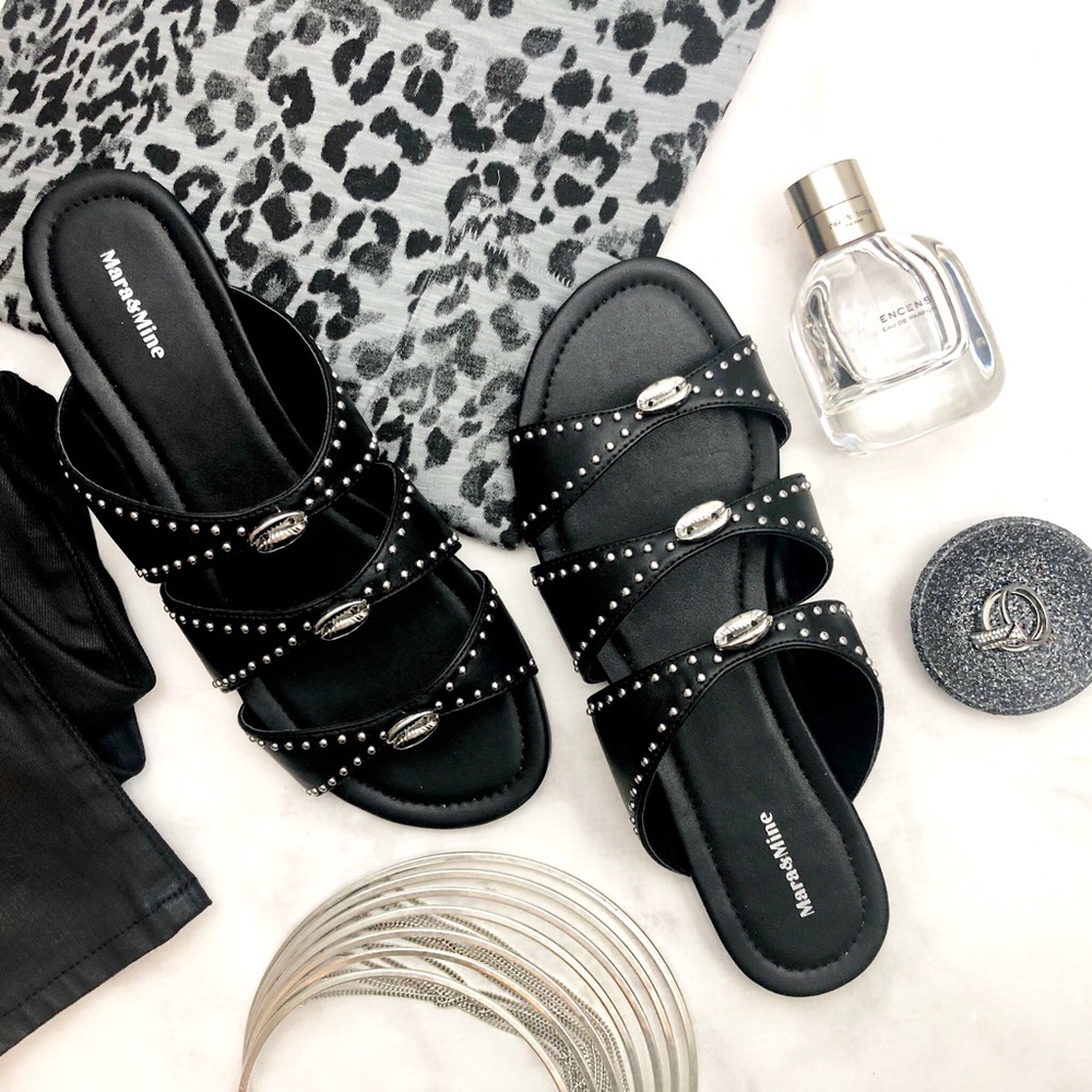 Mara & Mine Black Studded Leather Slide Sandals